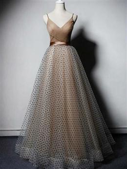 Picture of Champagne V-neckline Straps Long Party Dresses Formal Dresses, A-line Tulle Evening Dress